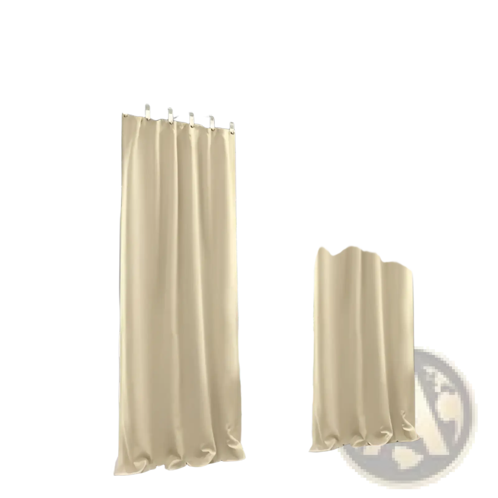 Beige outdoor curtains luxurious woolen patio panels hanging from a dark gray pergola in an outdoor setting