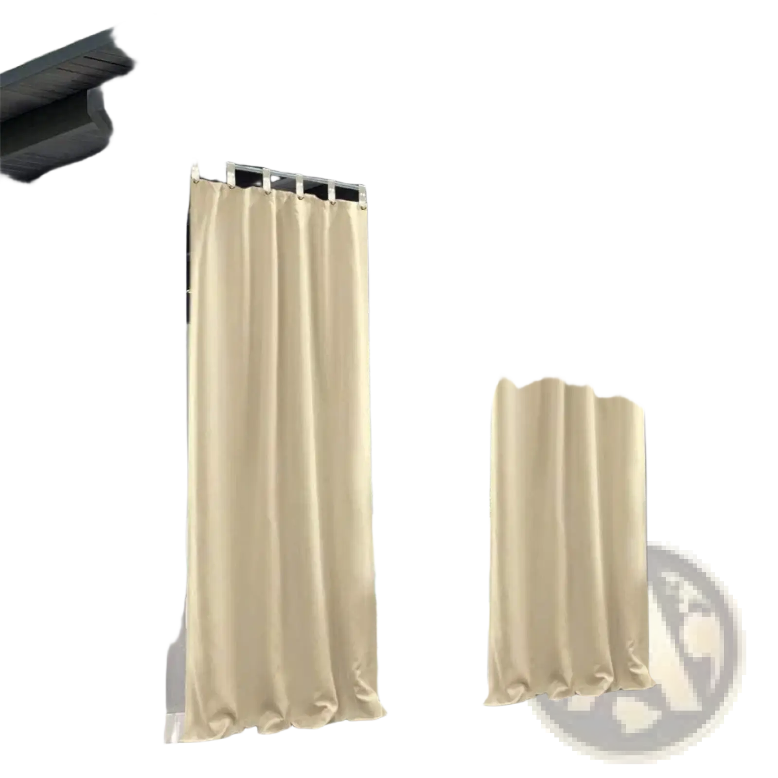 Beige outdoor curtains luxurious woolen patio panels with reinforced top rings hanging from a modern pergola