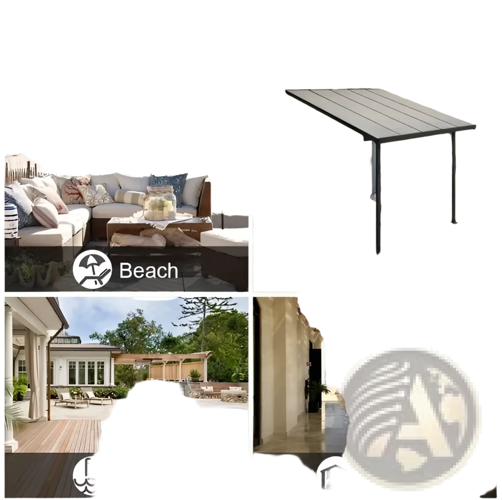 Black metal patio cover with sleek modern design and sturdy frame paired with beige outdoor woolen patio curtains