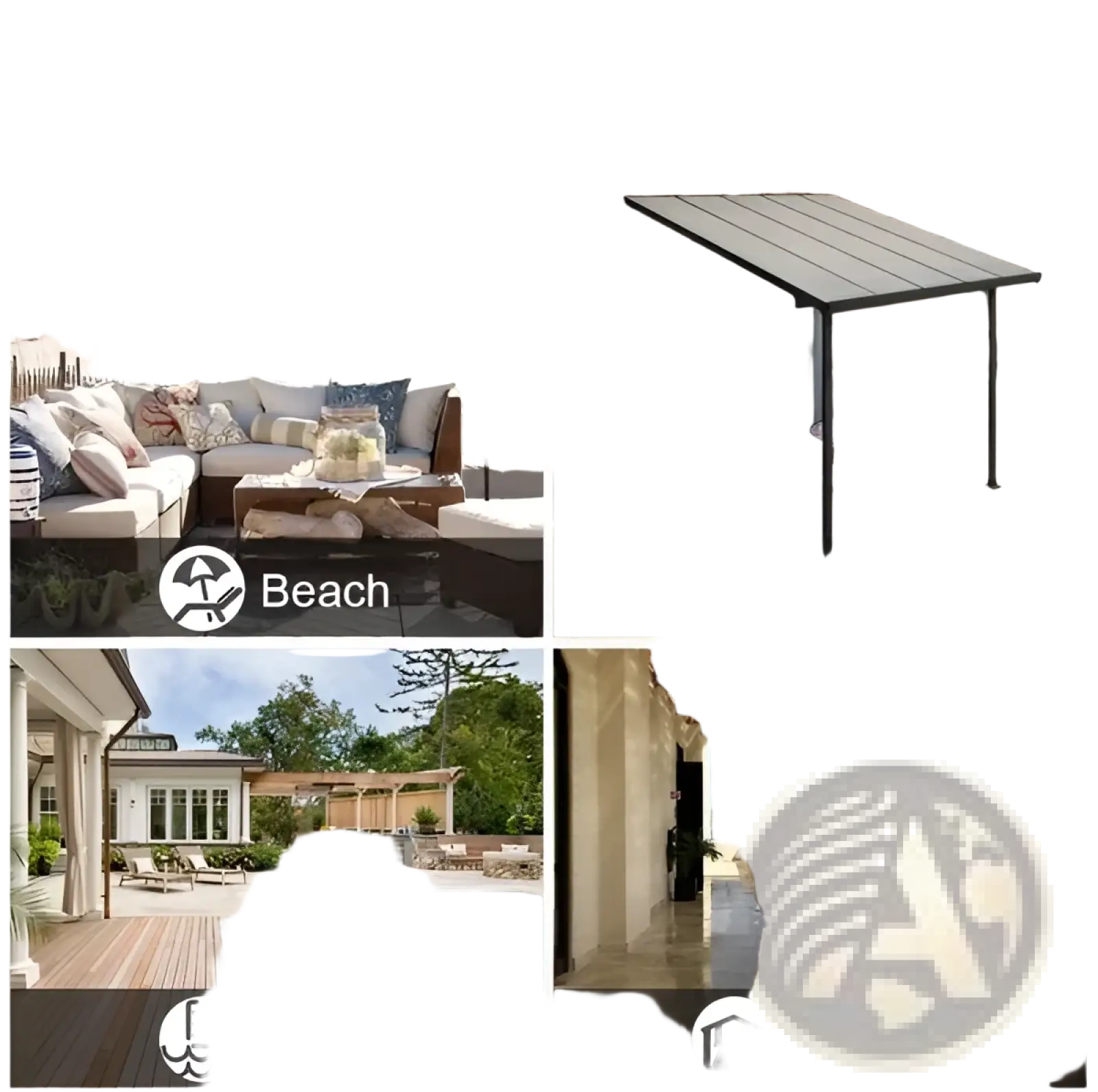 Black metal patio cover with sleek modern design and sturdy frame paired with beige outdoor woolen patio curtains