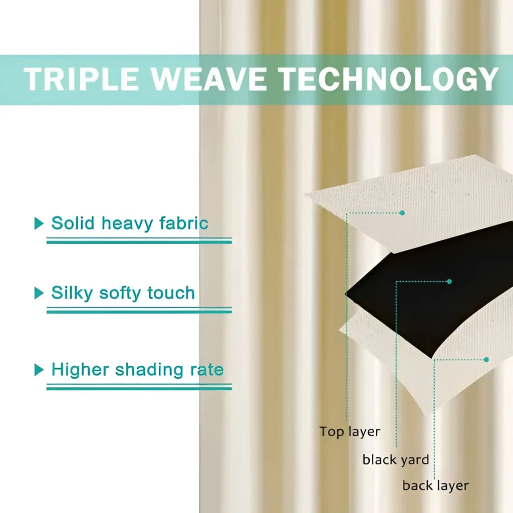 Beige outdoor curtains with triple weave technology feature solid heavy woolen fabric and silky soft touch for patio use