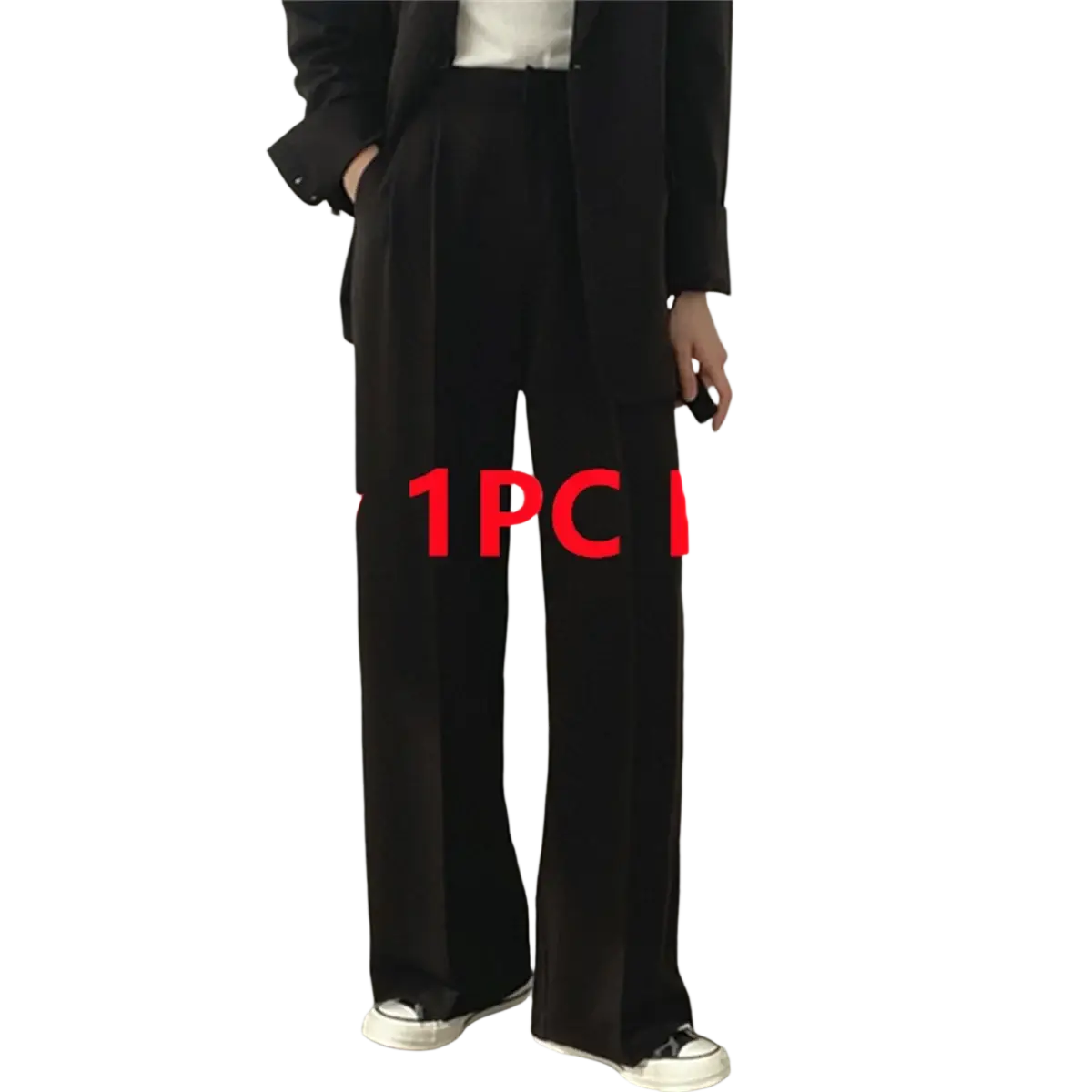 Black high-waisted wide-leg pants with a sleek tailored design paired with a beige wide-leg blazer suit set