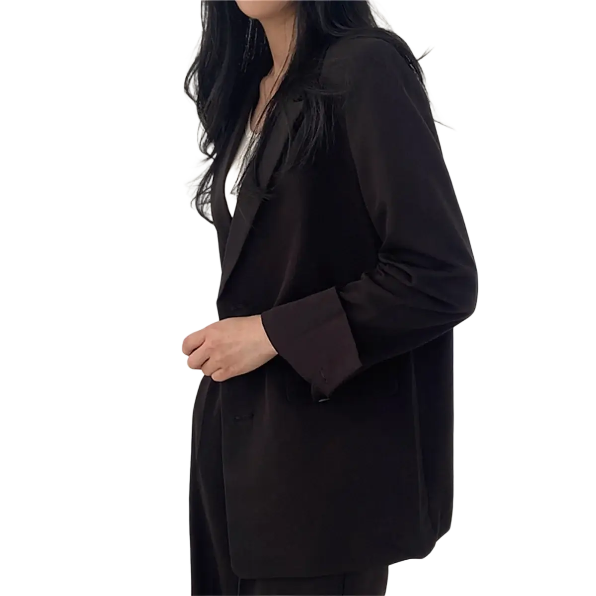 Black satin blazer with a sleek tailored fit and long sleeves shown as part of beige pant suit set wide leg blazer collection
