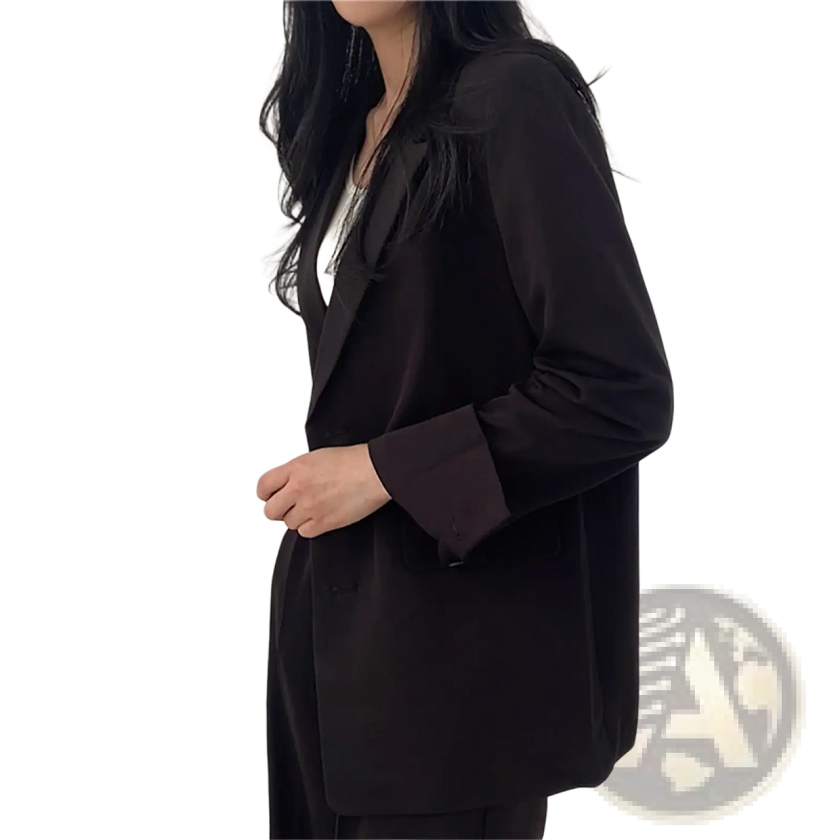 Black satin blazer with a sleek tailored fit and long sleeves shown as part of beige pant suit set wide leg blazer collection