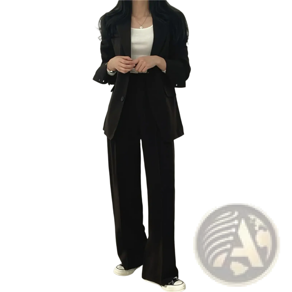 Black tailored blazer with sleek modern cut and subtle sheen featured in a beige pant suit set wide leg blazer
