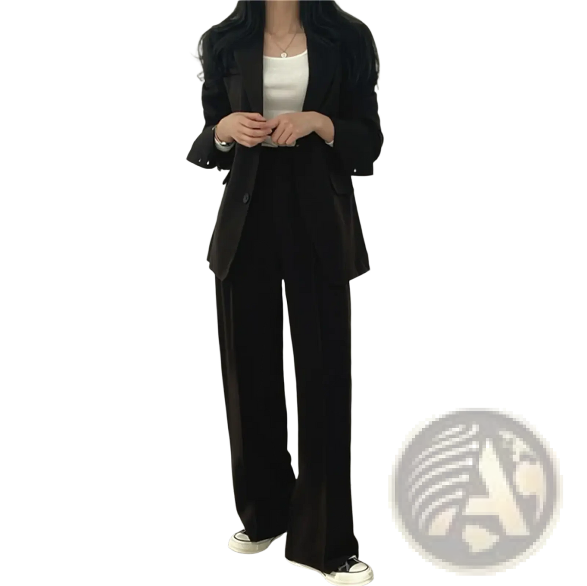 Black tailored blazer with sleek modern cut and subtle sheen featured in a beige pant suit set wide leg blazer