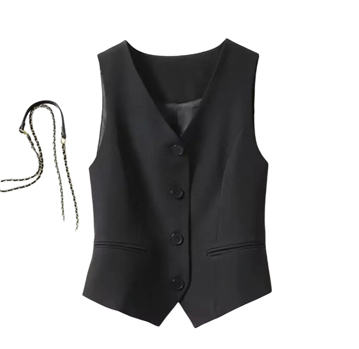 Black v-neck sleeveless vest with five matching buttons and two front pockets paired with beige pant suit set wide leg blazer