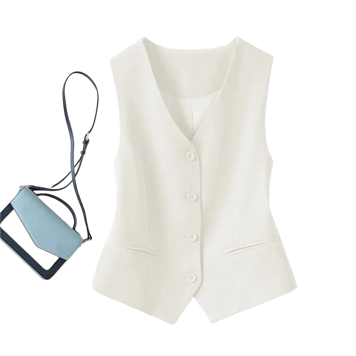 Cream-colored tailored women’s vest with v-neck and front button closure in beige pant suit set wide leg blazer
