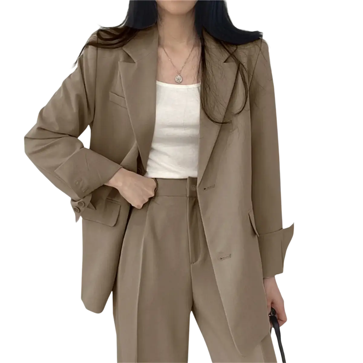 Beige pant suit set featuring a relaxed fit blazer with structured lapels for a polished professional look