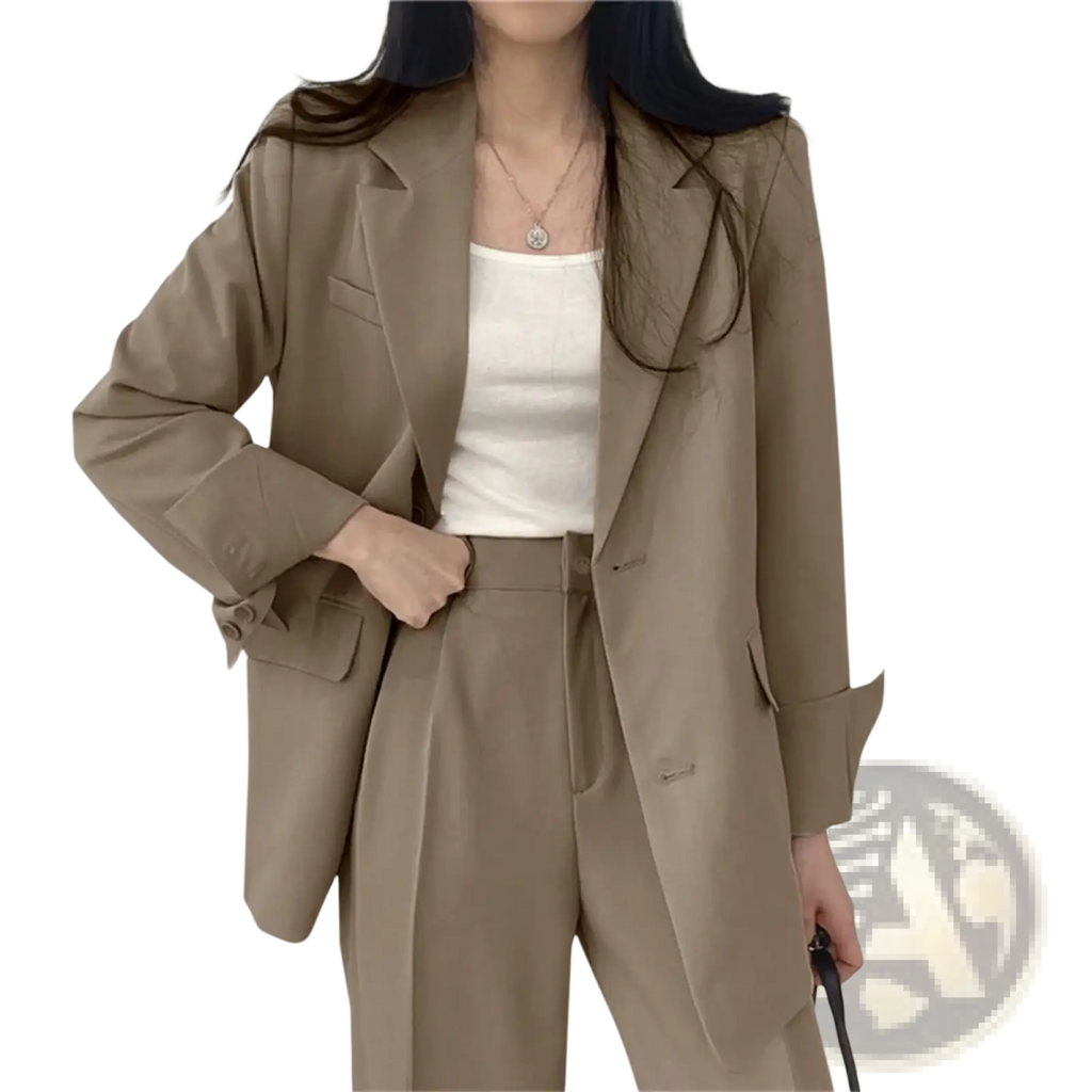 Beige pant suit set featuring a relaxed fit blazer with structured lapels for a polished professional look