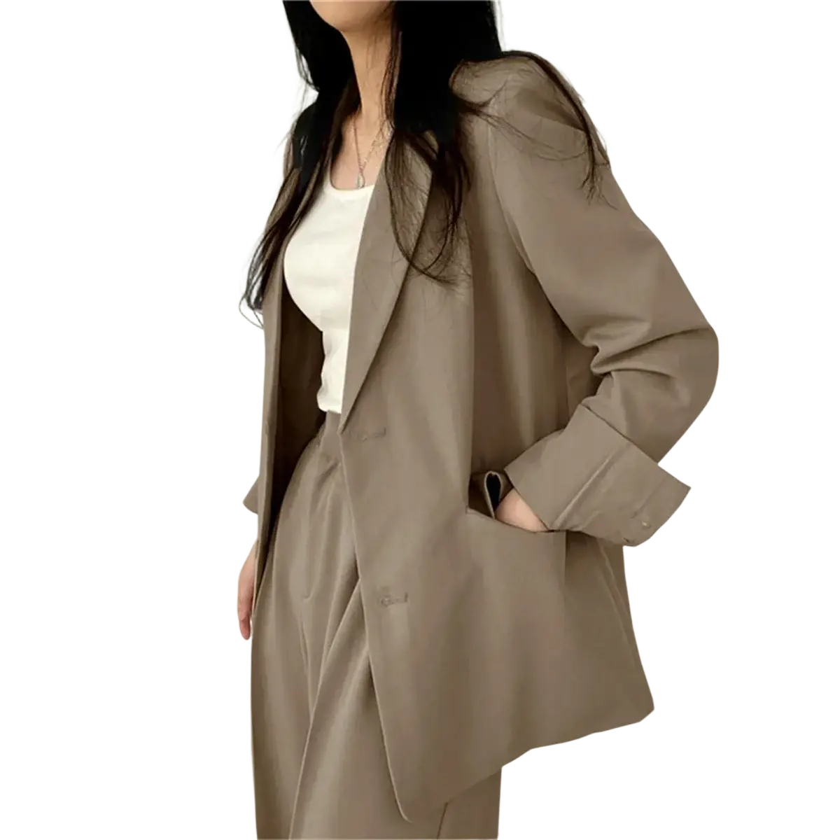A sleek oversized beige blazer with relaxed fit and subtle texture from the beige pant suit set wide leg blazer