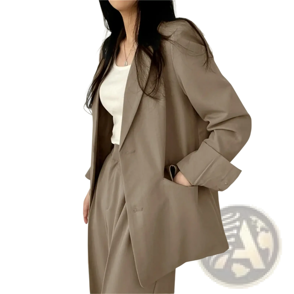 A sleek oversized beige blazer with relaxed fit and subtle texture from the beige pant suit set wide leg blazer