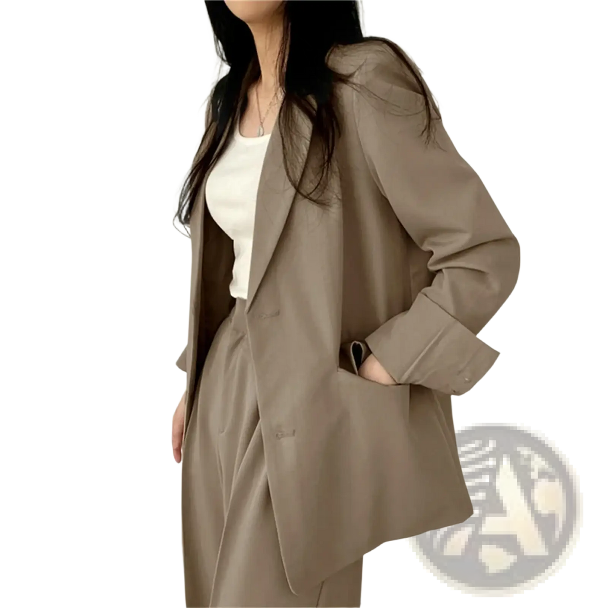 A sleek oversized beige blazer with relaxed fit and subtle texture from the beige pant suit set wide leg blazer