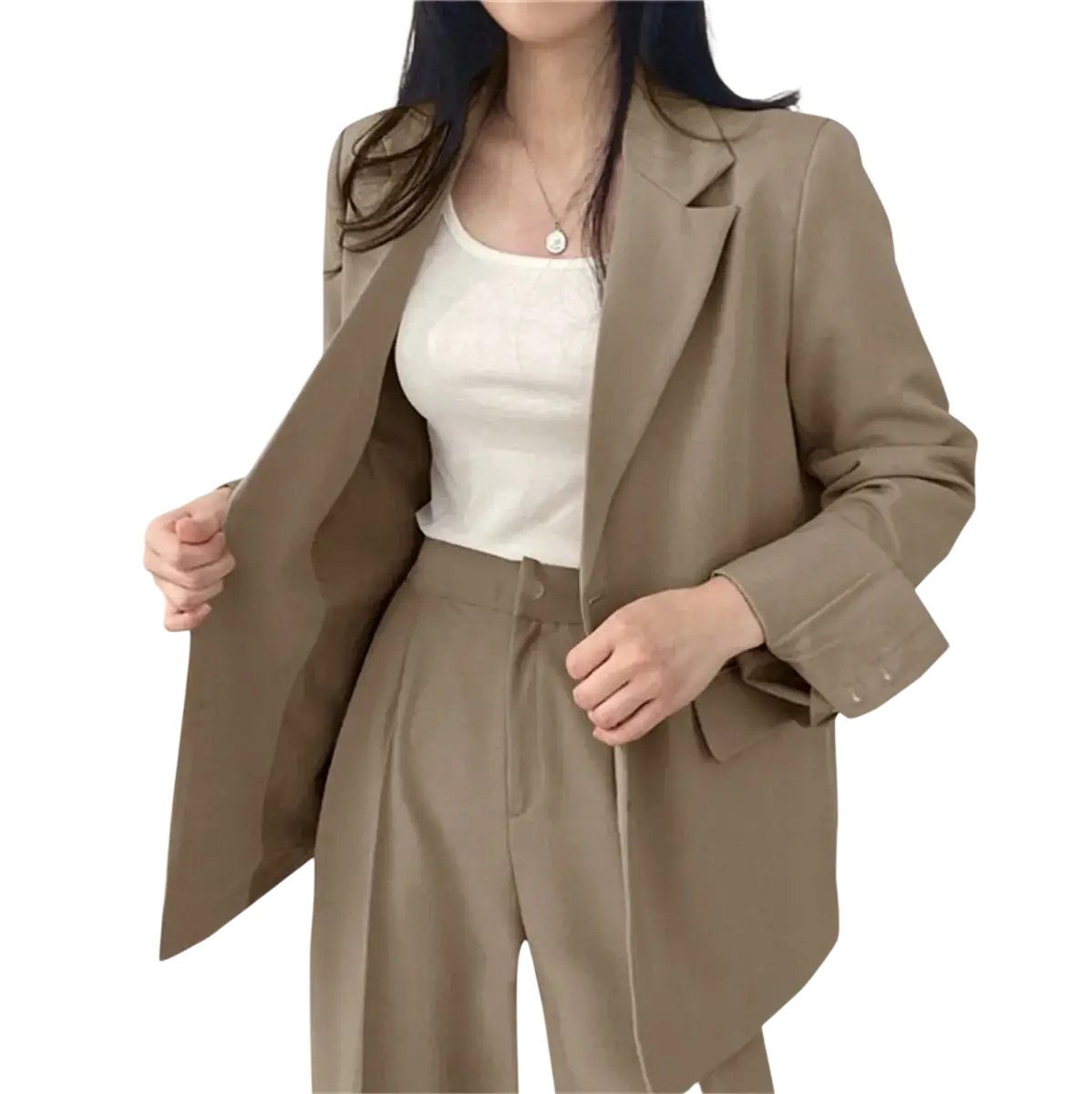 Beige pant suit set featuring a tailored fit blazer with notched lapels and wide leg pants for formal wear