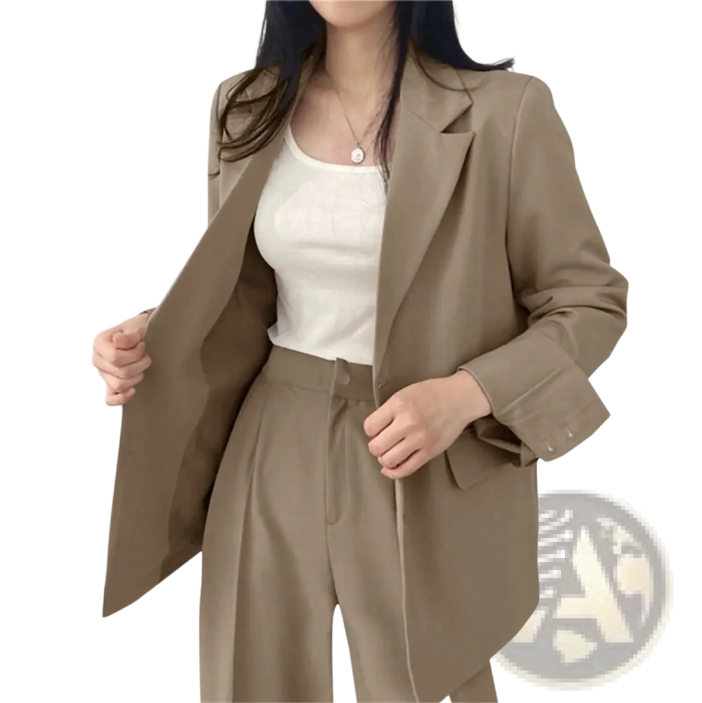 Beige pant suit set featuring a tailored fit blazer with notched lapels and wide leg pants for formal wear
