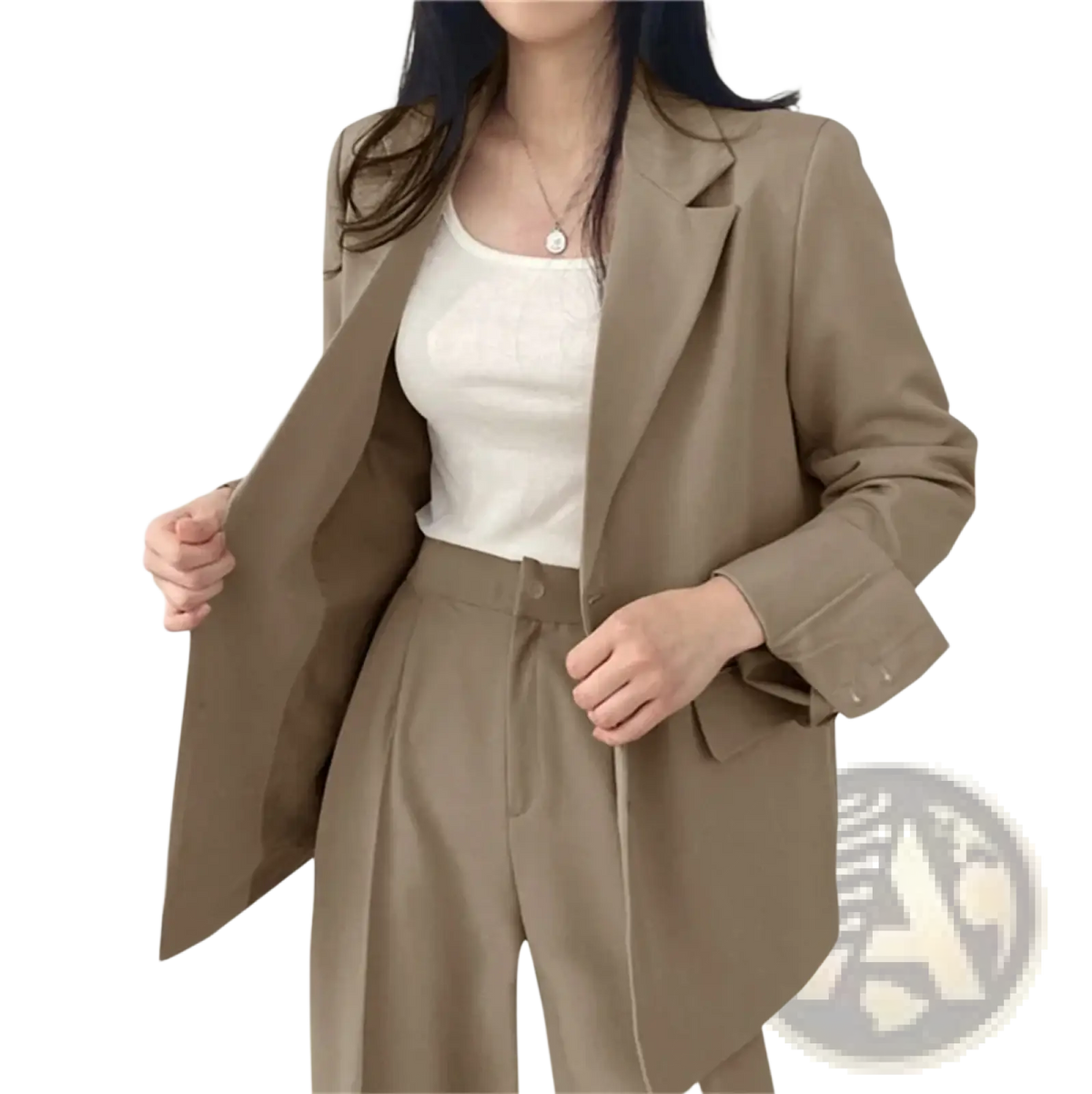 Beige pant suit set featuring a tailored fit blazer with notched lapels and wide leg pants for formal wear