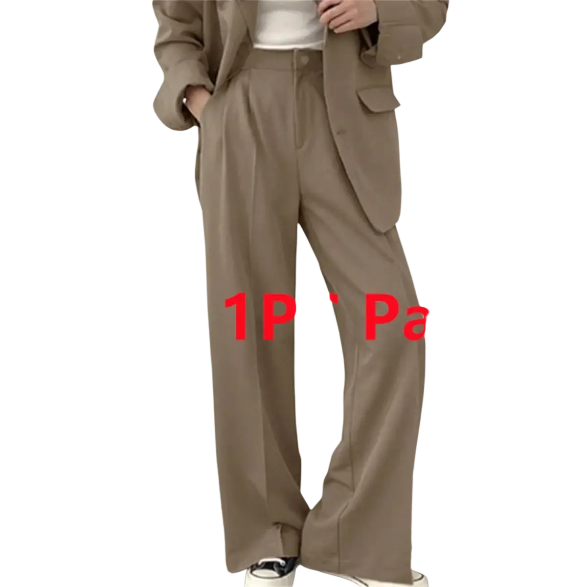 Beige pant suit set wide leg trousers with tailored straight-cut silhouette and subtle pleats at waistband