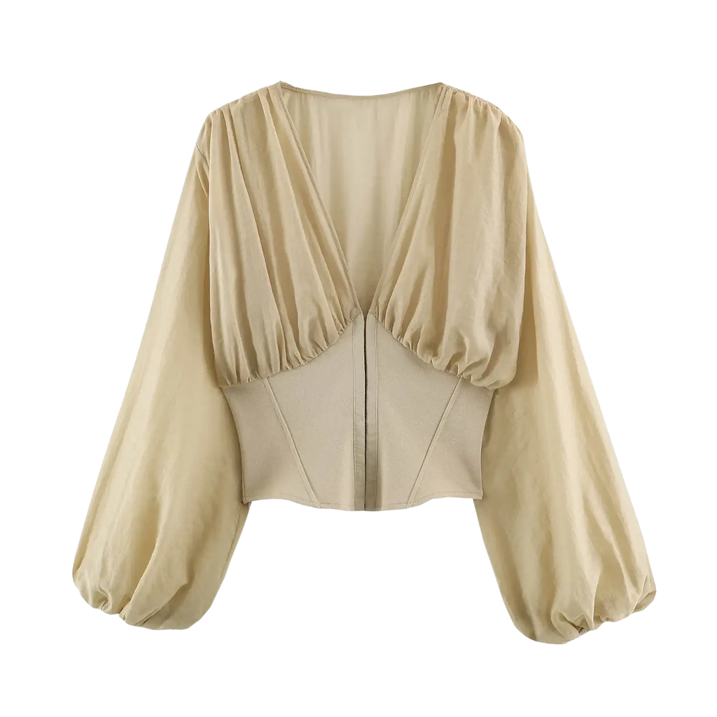 Beige satin blouse with puffed long sleeves and corset-style back shown from the back side