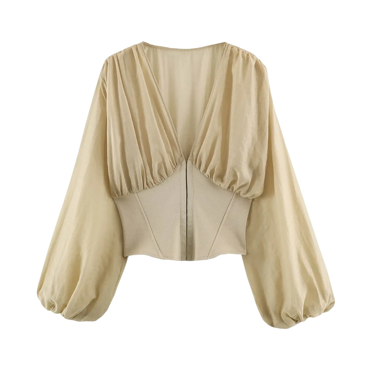 Beige satin blouse with puffed long sleeves and corset-style back shown from the back side