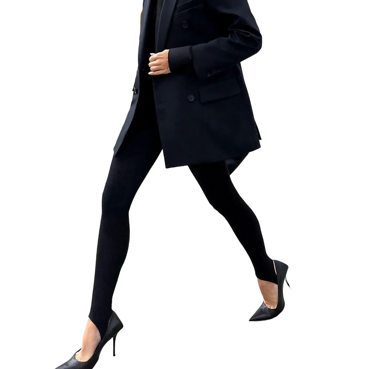Black high-heeled pumps with sleek pointed toe and slender stiletto heels paired with beige ribbed knit high waist leggings