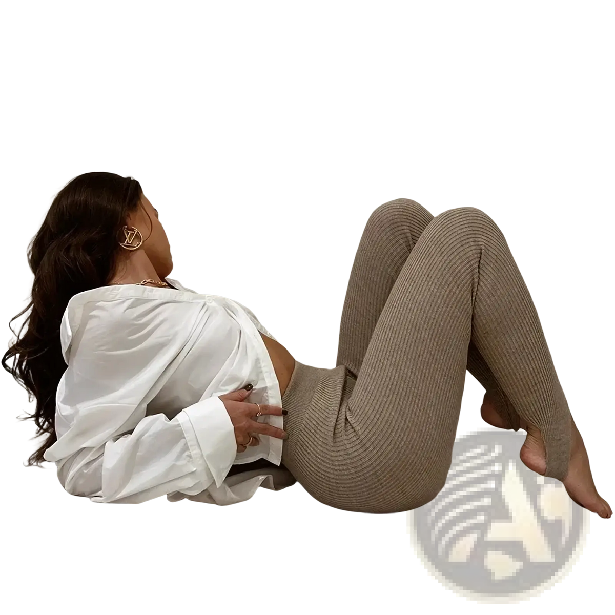 Beige ribbed knit high waist leggings with a sleek form-fitting design in soft stretch fabric
