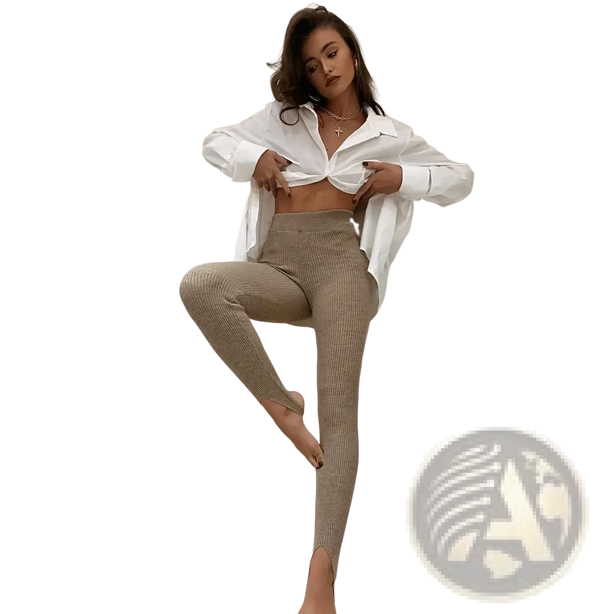 Beige ribbed knit high waist leggings with a subtle textured pattern and ankle-cut design