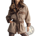 Beige shearling belted pu leather coat with brown leather accents and matching belt for stylish warmth