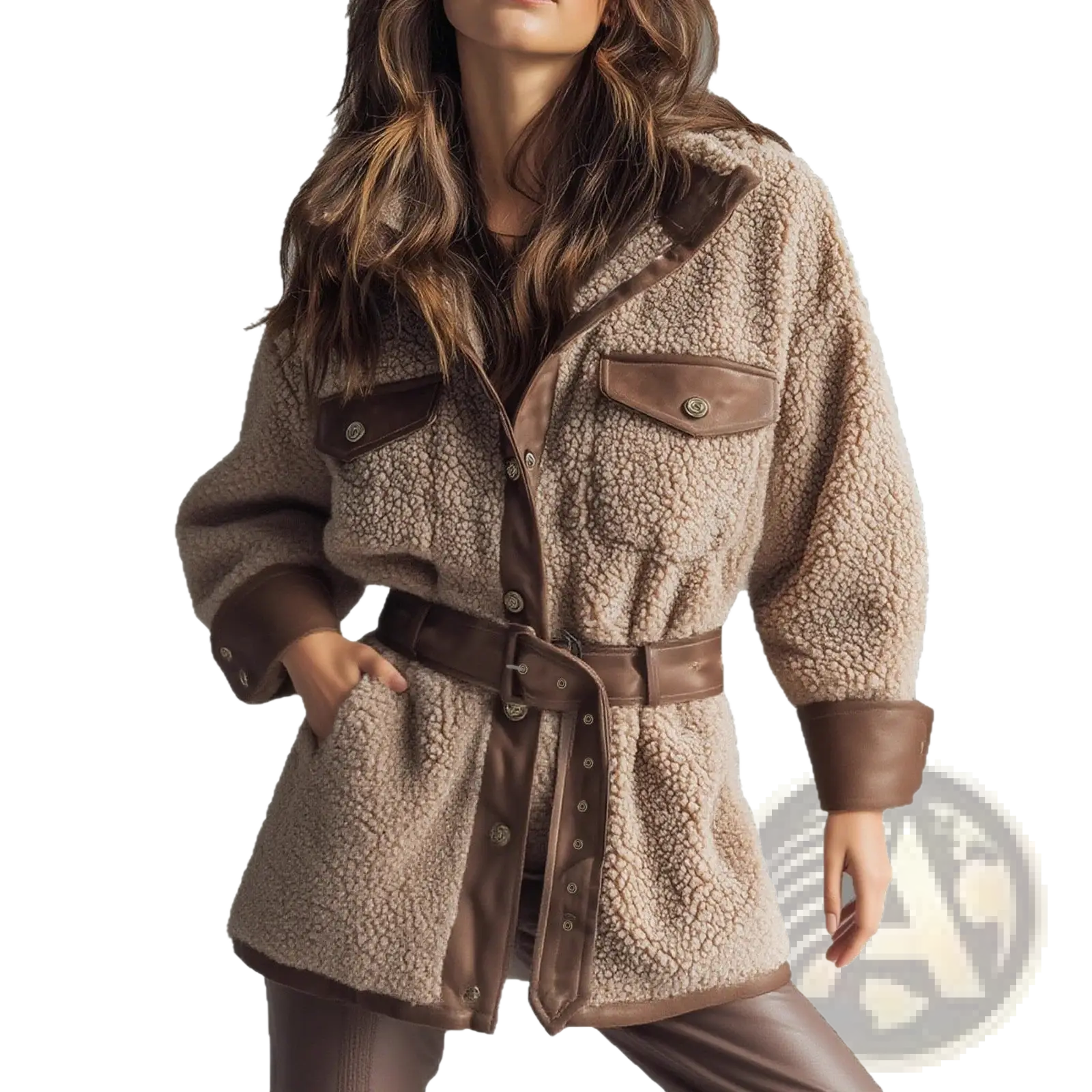 Beige shearling belted pu leather coat with brown leather accents and matching belt for stylish warmth