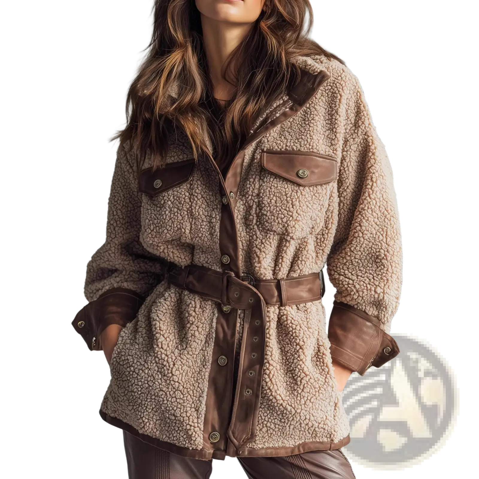Beige shearling belted pu leather coat with brown leather accents and matching belt for stylish outerwear