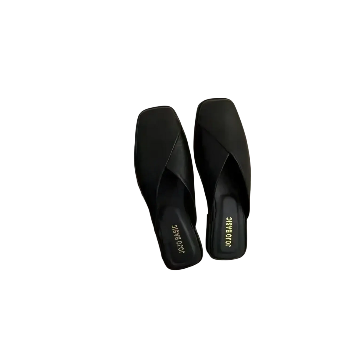Beige square toe flat mules with black leather material and crisscross strap design for stylish wear