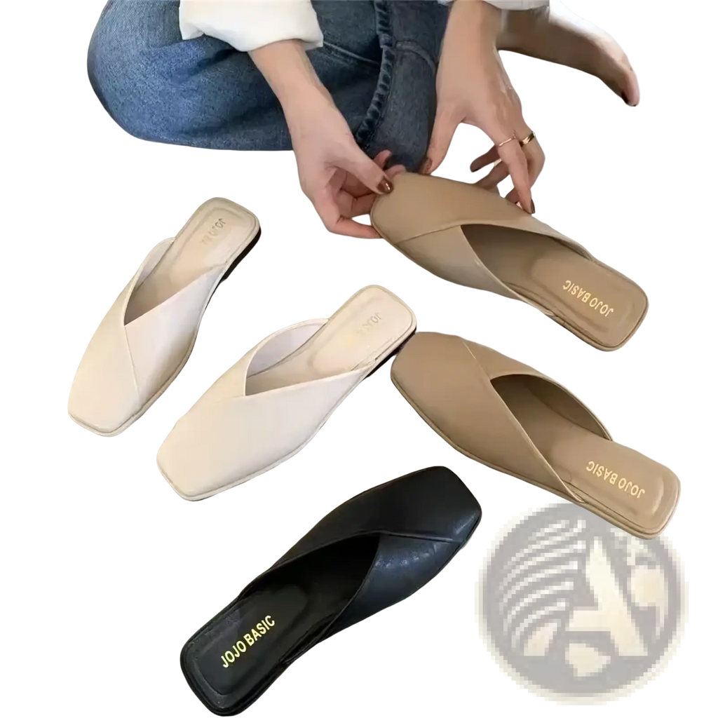 Beige square toe flat mules in suede with low heel featuring jojo basic brand name on the insole