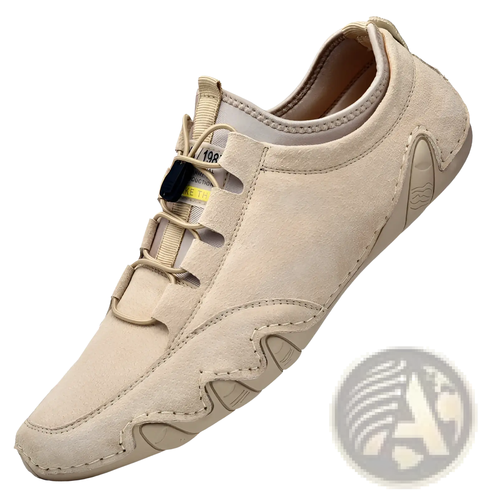 Beige suede leather men’s low top leisure shoe with minimalist slip-on design and subtle stitching details