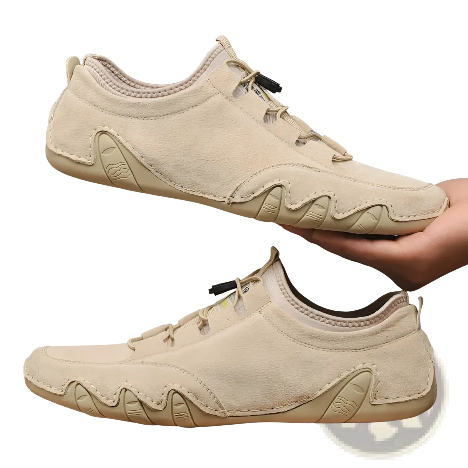 Beige suede leather men’s low top leisure shoes with wavy rubber sole design and black lace eyelets
