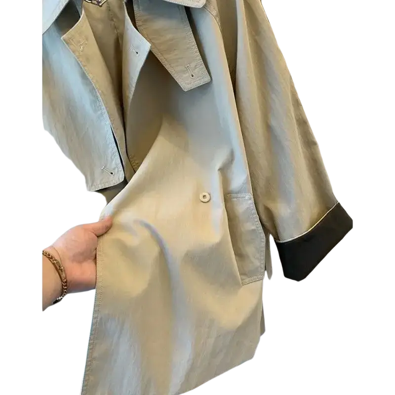 Beige trench coat with black trim and button details designed for autumn winter women outerwear