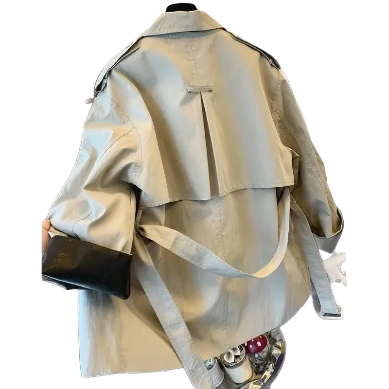 Beige trench coat with belted waist and rolled-up sleeves perfect for autumn winter women outerwear