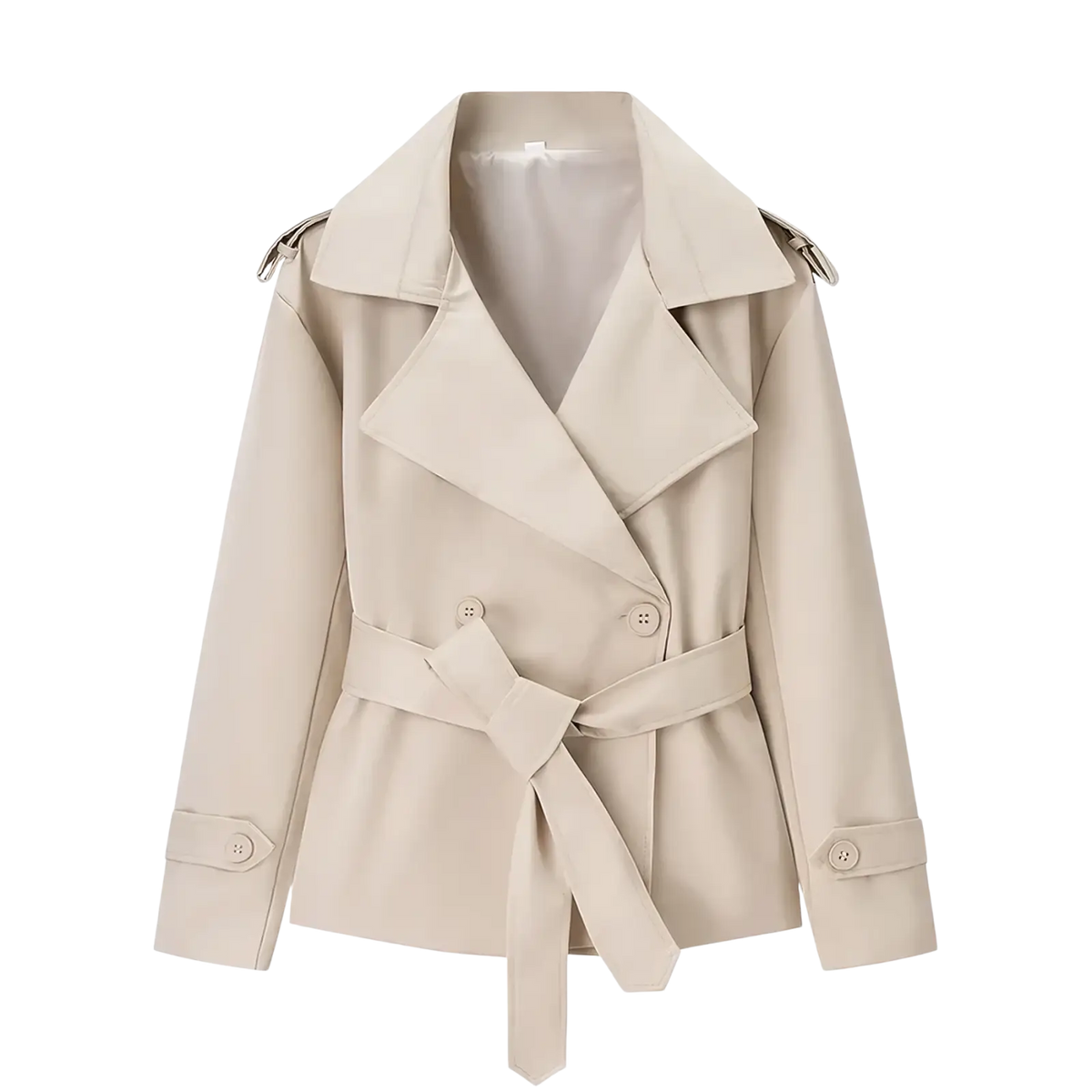 Beige trench coat with belted waist, structured collar, and shoulder epaulets perfect for stylish outerwear