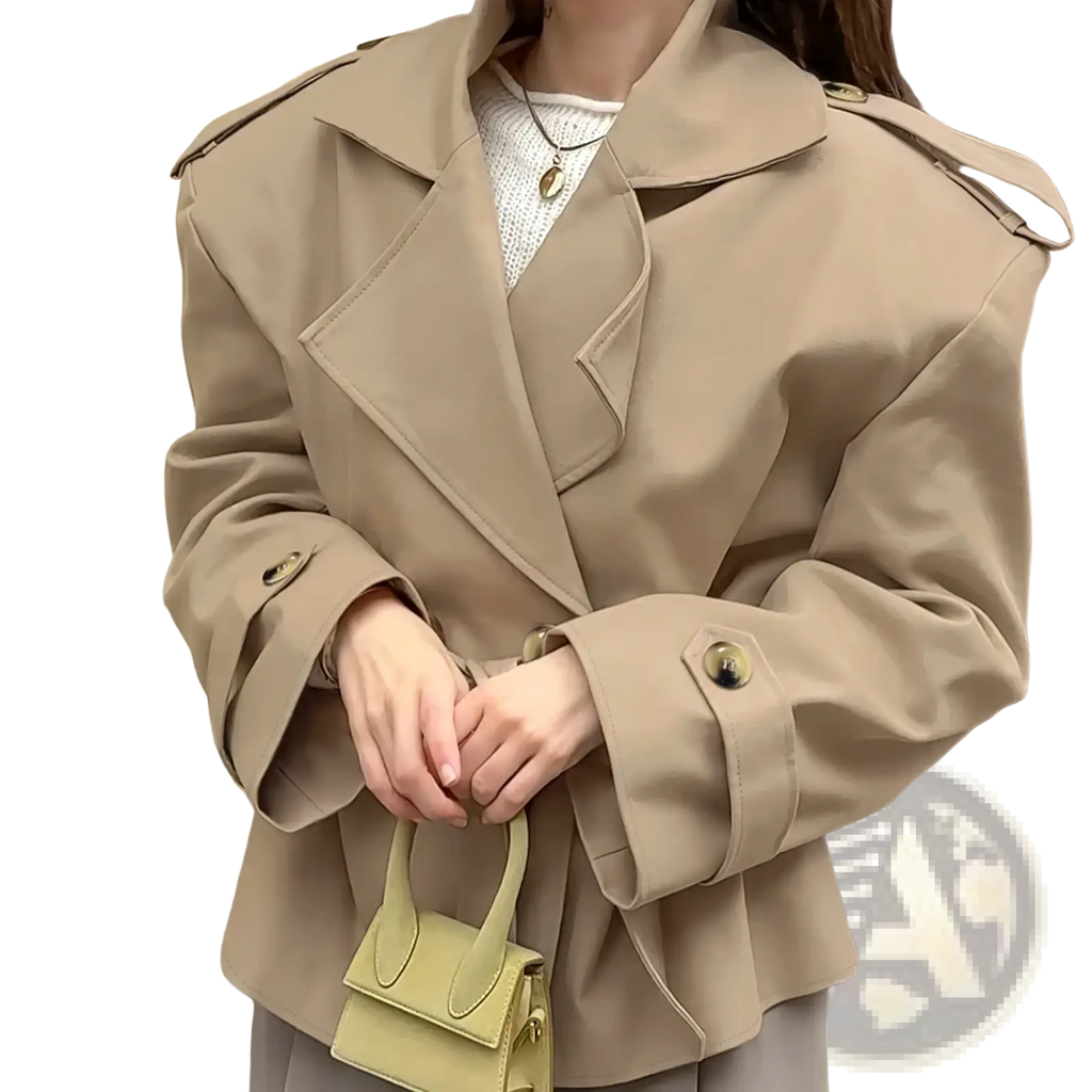 Beige trench coat with belted waist, structured shoulders, and gold toned buttons in a classic design