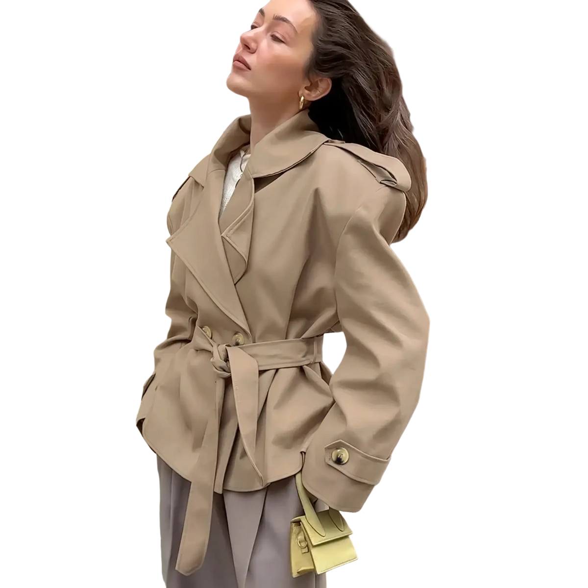 Beige trench coat with a belted waist and structured shoulders in a classic tailored design