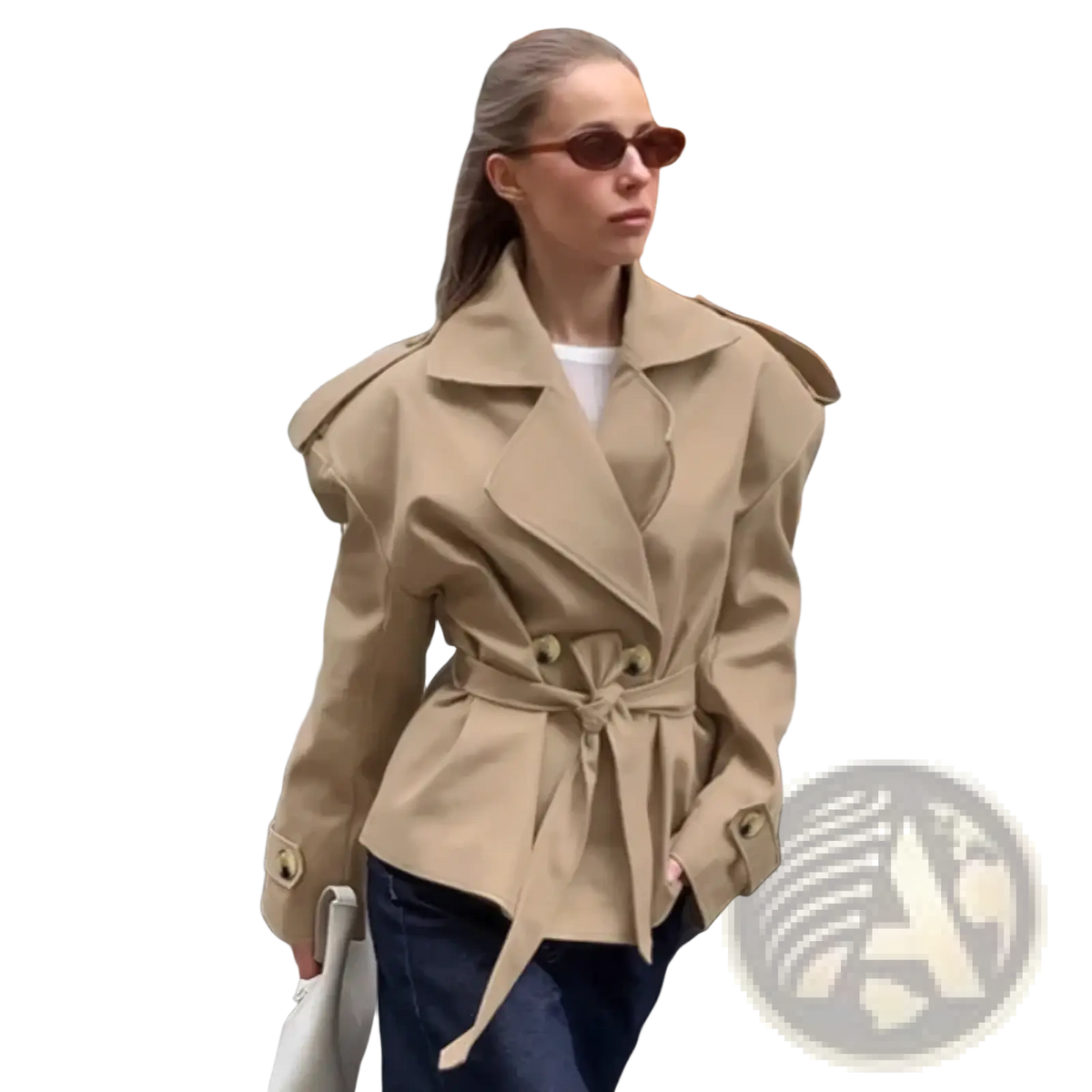 Beige trench coat with structured shoulders and a belted waist made from durable fabric for stylish outerwear