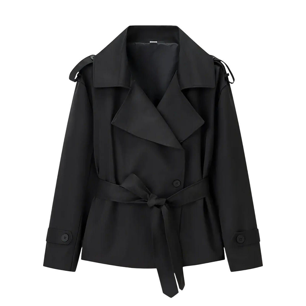 Black trench coat with belted waist and adjustable shoulder straps featuring structured design details