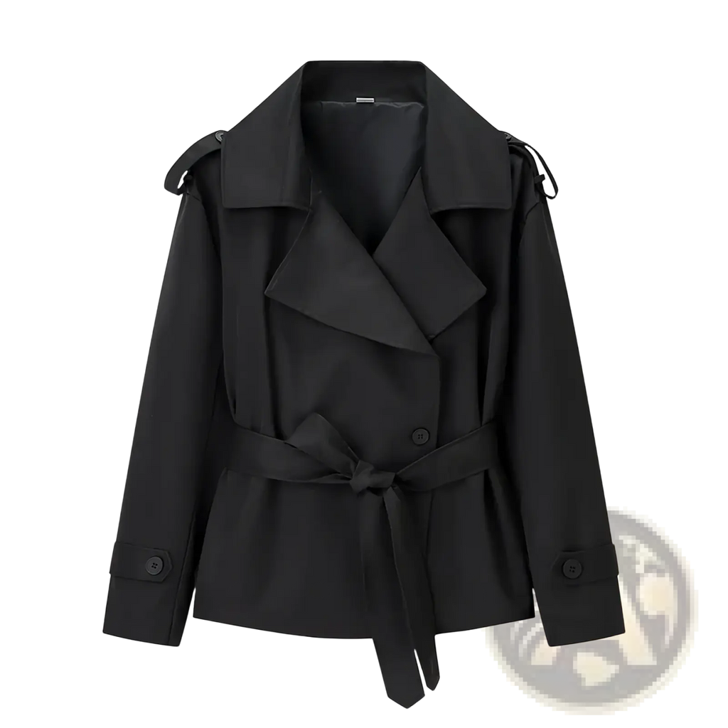 Black trench coat with belted waist and adjustable shoulder straps featuring structured design details