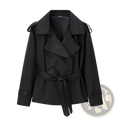 Black trench coat with belted waist and adjustable shoulder straps featuring structured design details