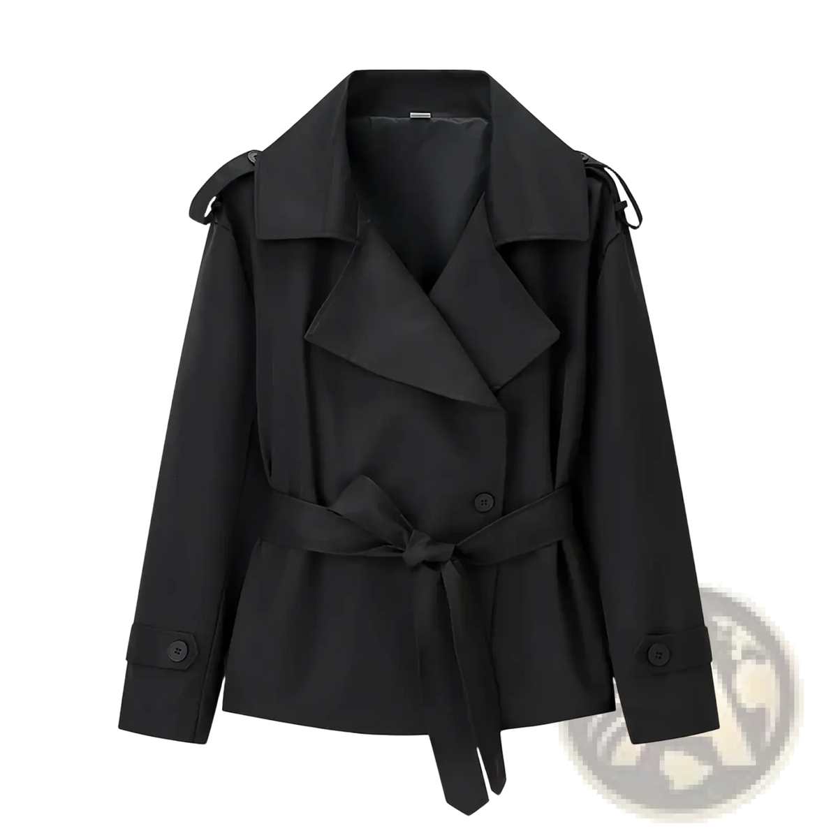 Black trench coat with belted waist and adjustable shoulder straps featuring structured design details