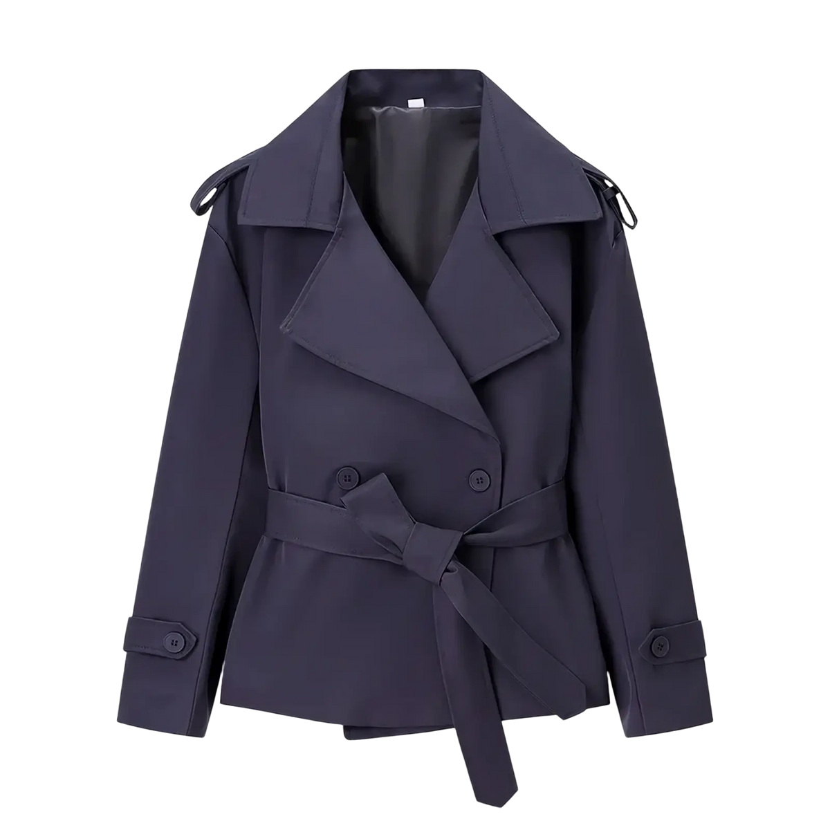 Dark navy double-breasted trench coat with belted waist and adjustable shoulder straps in a structured design