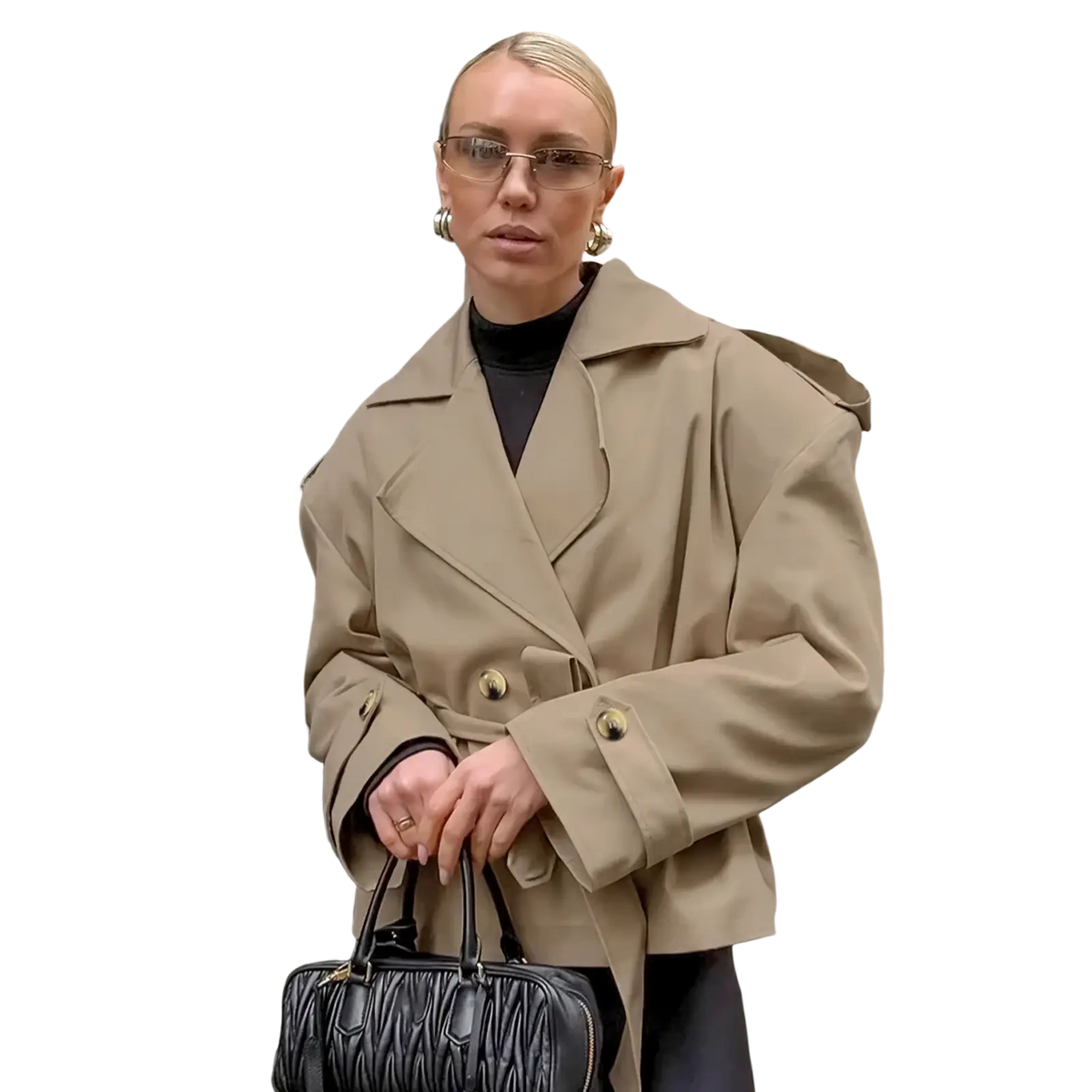 Beige oversized trench coat with gold-toned buttons and structured shoulders for a polished look