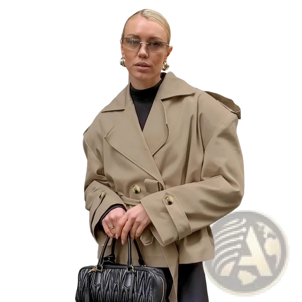 Beige oversized trench coat with gold-toned buttons and structured shoulders for a polished look