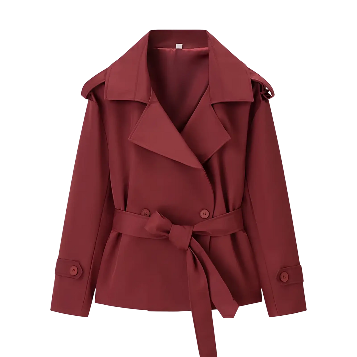 A sleek maroon trench coat with a belted waist and structured shoulders for a polished outerwear look