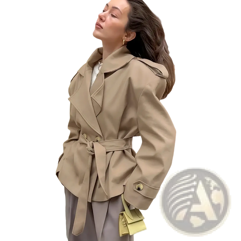 Beige trench coat with a belted waist and structured shoulders in a classic tailored design