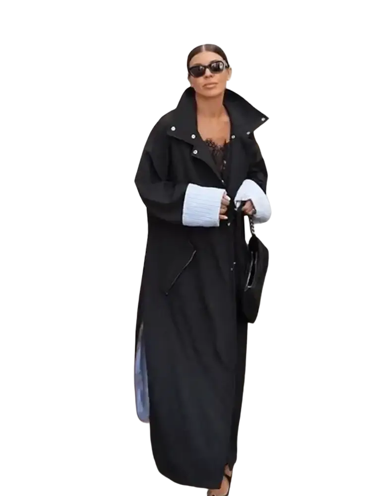 Black long coat with white cuffs and silver buttons featuring beige trench coat elegant striped lining outerwear design