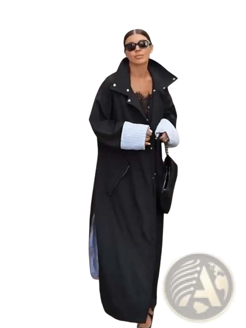 Black long coat with white cuffs and silver buttons featuring beige trench coat elegant striped lining outerwear design